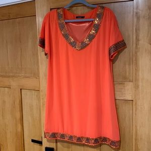 Theme Coral mini dress with gold/bronze embellishments.